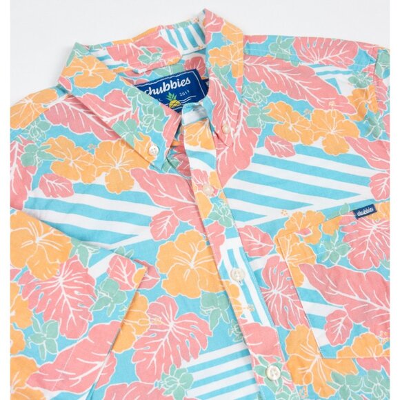 Chubbies Floral Button-Shirt Mens Medium Floral Striped Hawaiian Colorful Orange - Picture 1 of 13